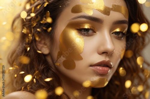  macro shot of womans face with golden background dress etc.
