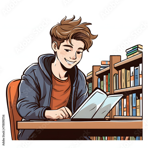 College student studying on a digital tablet in a library isolated on white background, doodle style, png
 photo