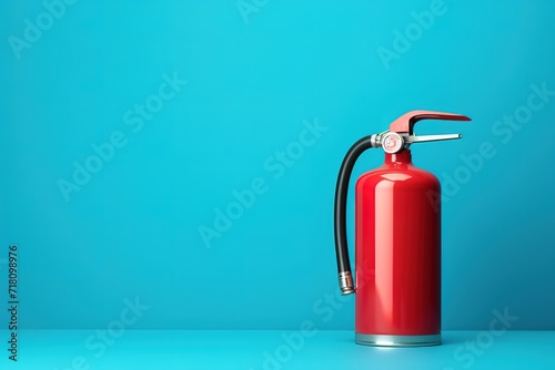 A red fire extinguisher in the photo on a blue background. generative AI