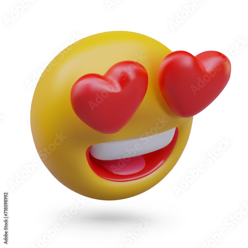 Love emoticon with hearts instead of eyes. Demonstration of admiration, adoration. Yellow head with gaping mouth, love at first sight. Flirt, romantic concept