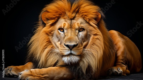 Powerful and magnificent lion with a bright and vibrant mane standing alone on a black background