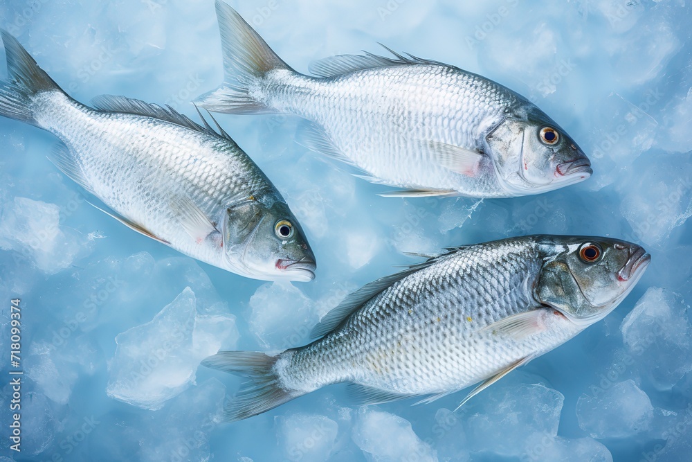 Fresh fish photographed in a cold pile of ice. generative AI Fresh fish photographed in a cold pile of ice. generative AI