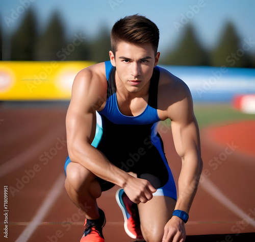 Athlete at the starting line of a track, poised for the race