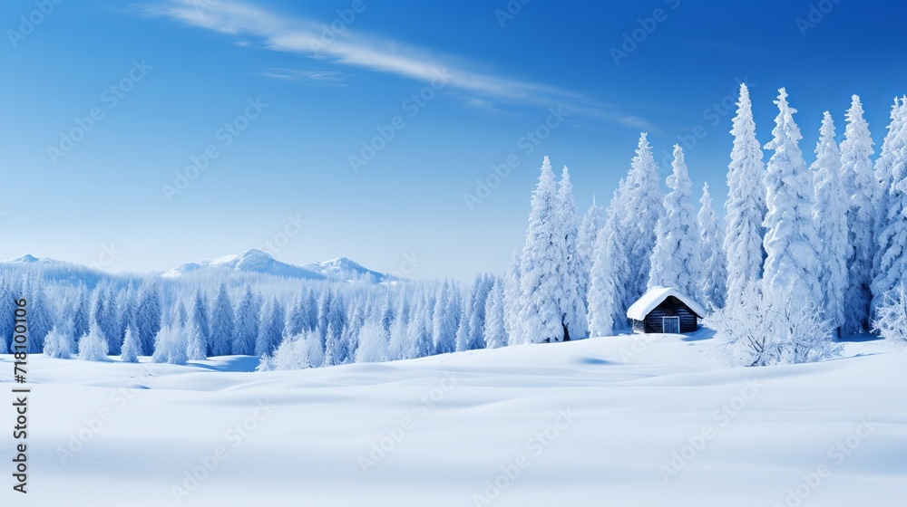 Solitary wooden cabin and snow covered fir trees in winter forested mountain meadow