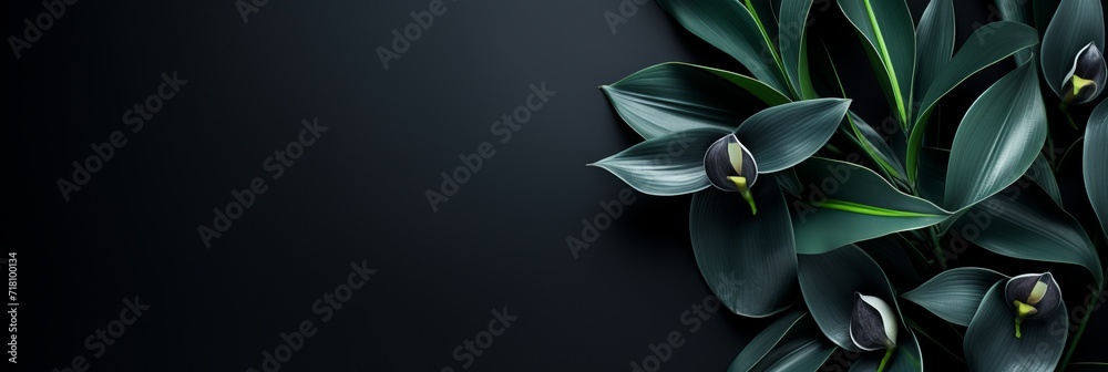 Abstract black tropical leaves texture background with copy space for dark nature concept flat lay