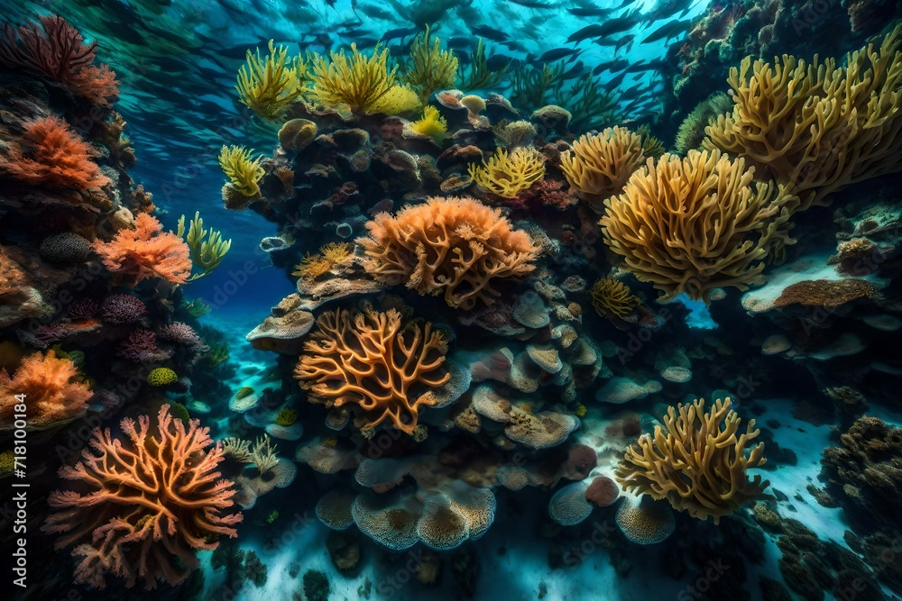 Abstract underwater coral gardens teeming with life