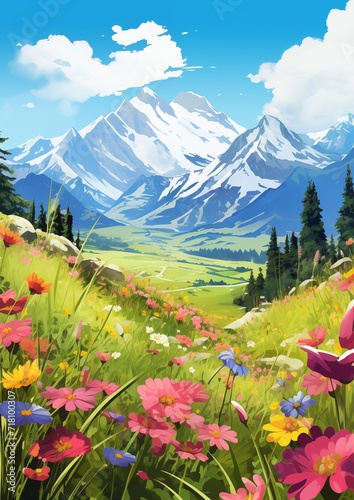 Summer Mountains Meadows. Children's book illustration in cartoon style.