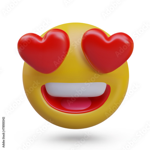 Big round face with heart eyes. Reaction of love. Realistic emoticon in yellow and red colors. Vector illustration in 3d style with shadow and white background