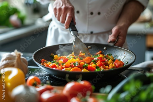 Chef in an apron stirring vegetables in a frying pan