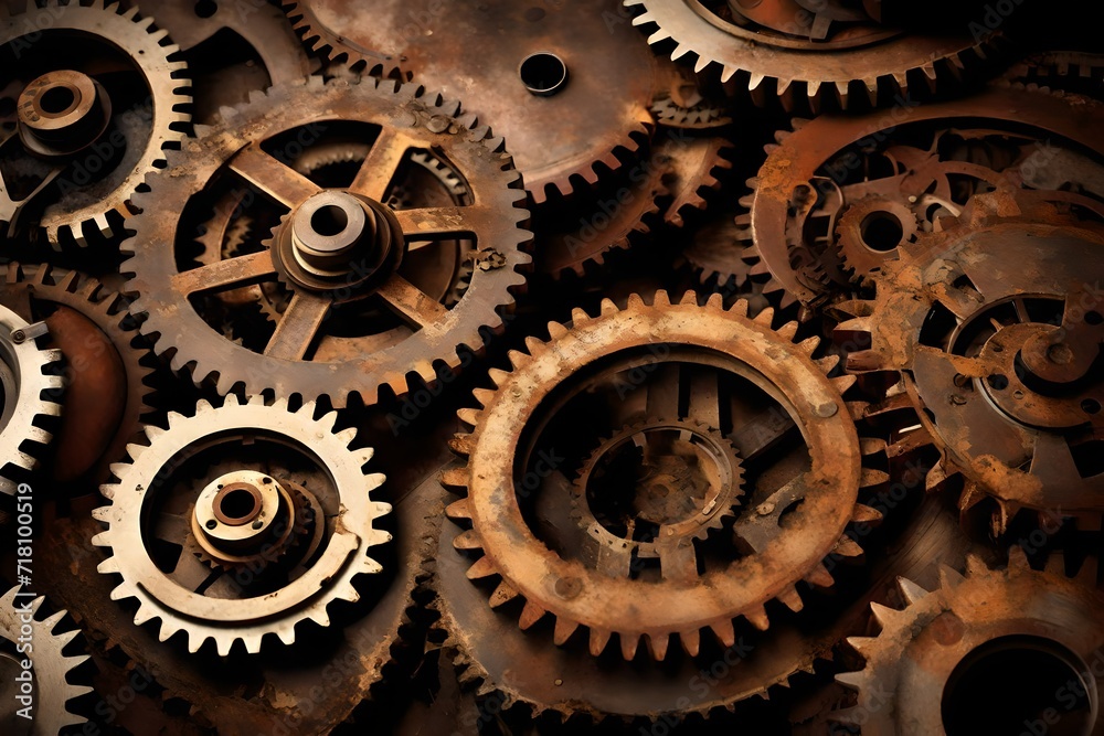 Textured rusted gears and cogs turning slowly Textured rusted gears and cogs turning slowly