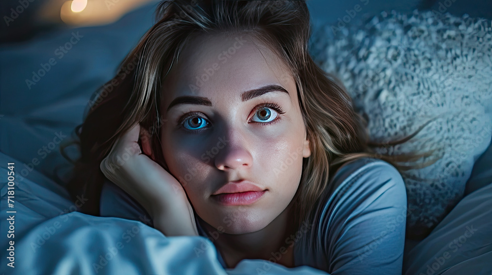 Woman Laying in Bed With Blue Eyes Woman Laying in Bed With Blue Eyes