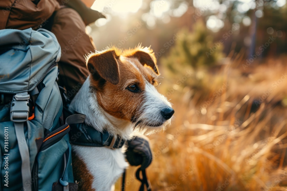 Dog hiker with backpack in adventures on background beautiful nature landscape Dog hiker with backpack in adventures on background beautiful nature landscape