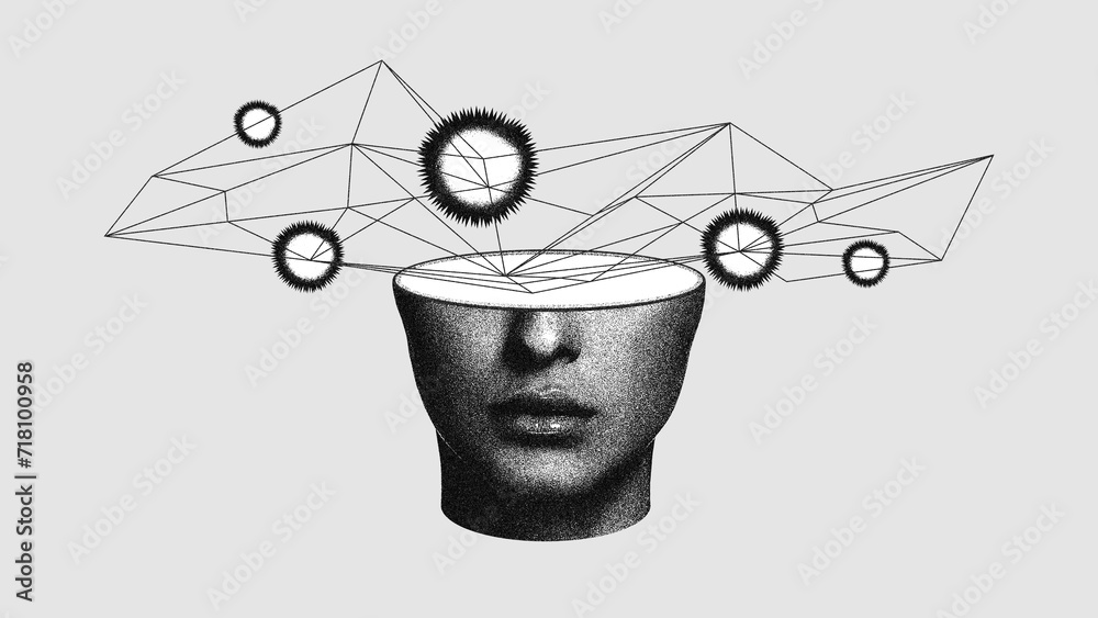 Female head with geometric shapes and lines symbolizing connectivity. Neurobiology. Philosophy, consciousness and nature of thought. Conceptual design. Concept of mental health, therapy, emotions - obrazy, fototapety, plakaty 