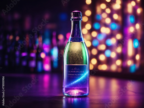 White champagne bottle with colorful ultraviolet holographic neon lights design. Creative concept design.