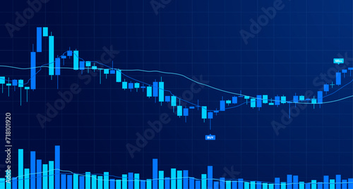 Cryptocurrency trading Financial market Candles and indicators with volume chart blue color technology background. trade Chart of forex, cryptocurrency, stock market and Binary option.