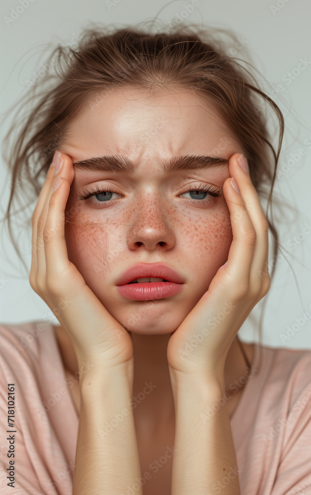 A tired and somewhat desperate looking girl holds her face in her hands