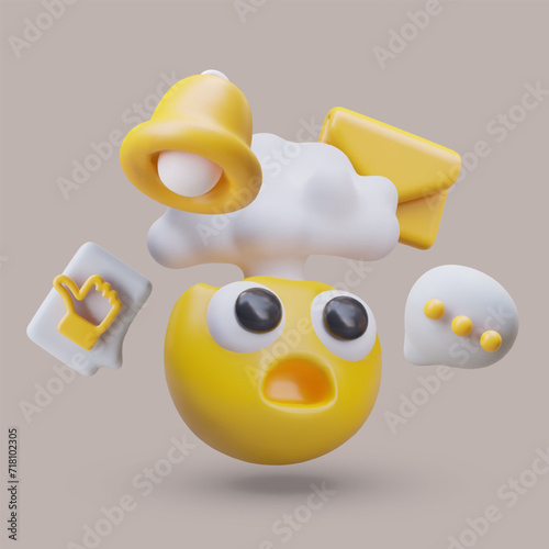 Funny emoticon with shock reaction. Concept of different tasks. Elements of email, message, alarm, and like. Vector illustration in 3d style on beige background