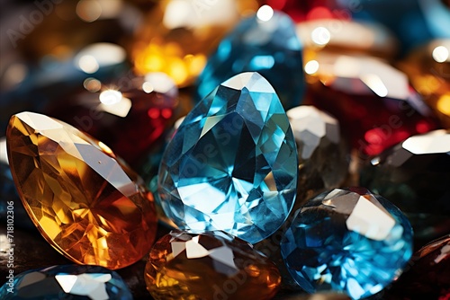 Vibrant gemstones on sparkling jewelry, capturing brilliant colors in warm light macro shot