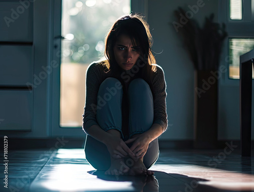 Woman Sitting on Floor in Dark Room, Solitude, Contemplation, Loneliness, Reflection, Serenity, Absence, Isolation, Silence, Stillness, Meditation photo