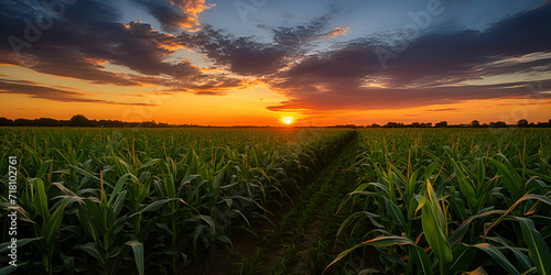 reality photo of the sun rising over a corn field a very stunning Sunset over corn field with small village on the background in summer.