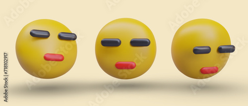 Set with yellow emoji with closed eyes and mouth in different positions on yellow background. Being ignored reaction. Vector illustration in 3d style with shadow