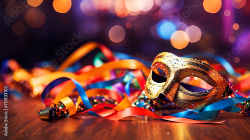 Bright carnival mask, colored ribbons and confetti on shiny blurred background