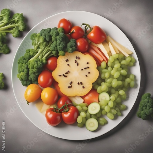 Top view of vegetarian food banner image, white color diet salad plate with different types of delicious vegetables and fruit slices on white background