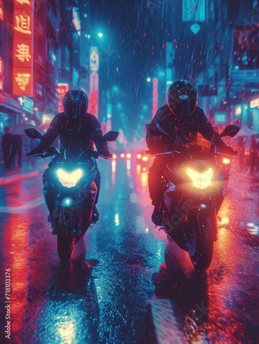 In the dim light of a rainy night, two riders brave the slick streets on their motorcycles, their vehicles cutting through the wet asphalt as they journey through the city