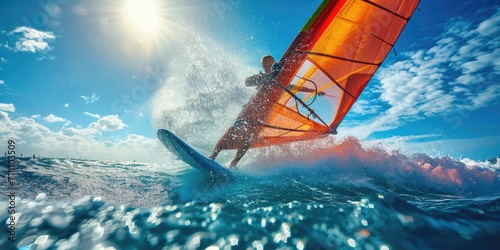 Windsurfer in dynamic action, against clear blue sky