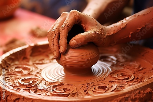 Potter shaping vibrant textured clay in bright natural light with skilled hands