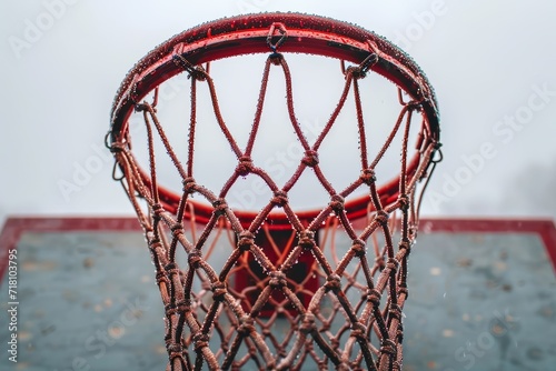 Against the winter sky, a red basketball hangs in anticipation, poised to soar through the outdoor hoop and ignite the passion of the game photo