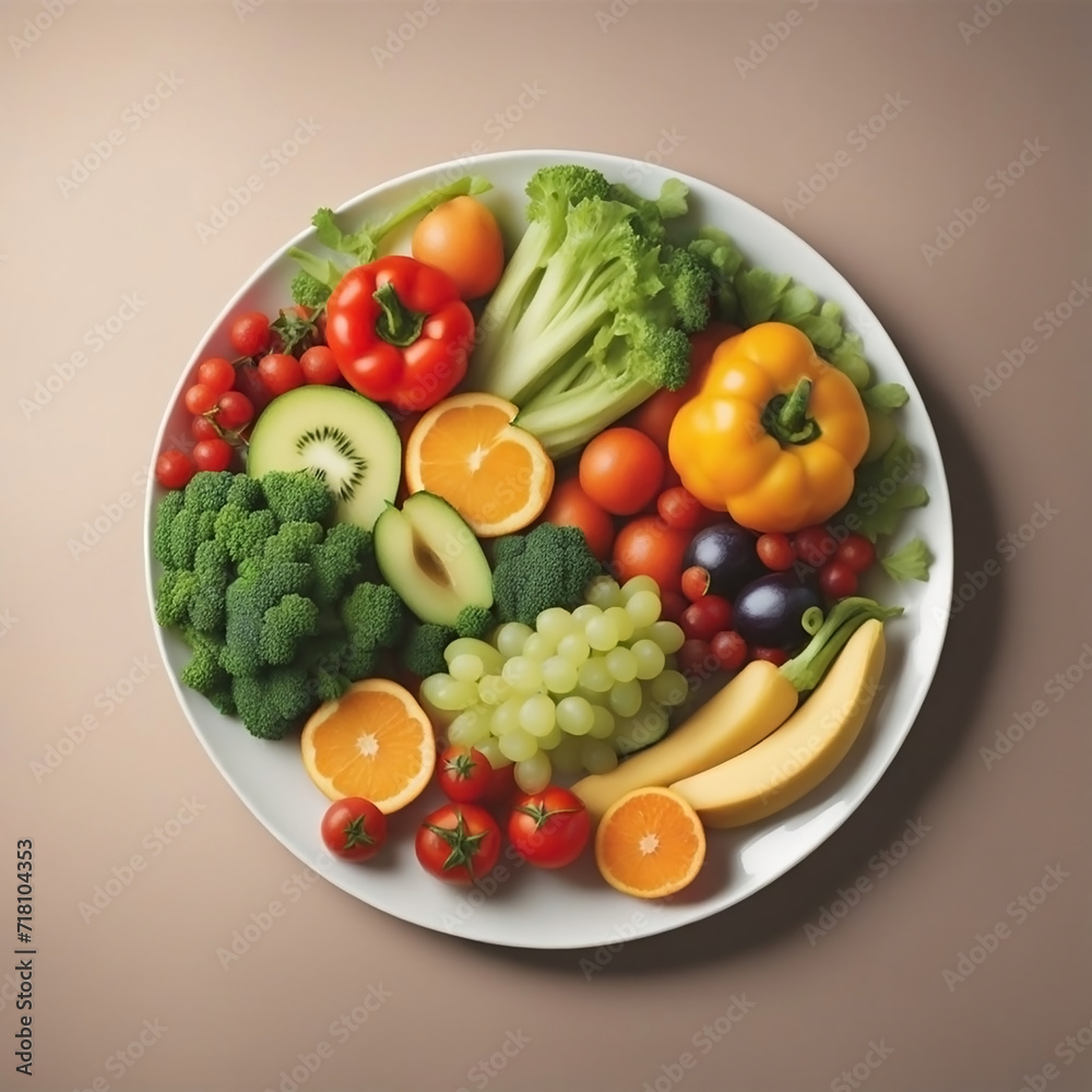 top view of vegetarian food banner image, white color diet plate with different types of delicious vegetables and fruit slices on white background top view of vegetarian food banner image, white color diet plate with different types of delicious vegetables and fruit slices on white background