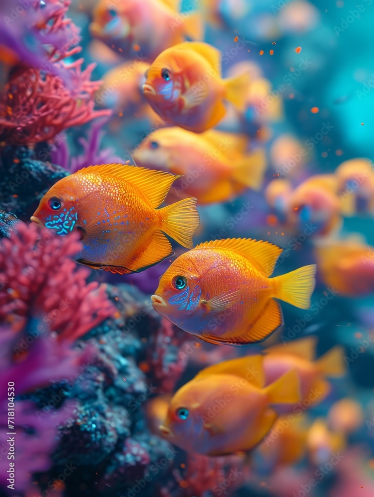 A vibrant school of orange fish gracefully navigates through a mesmerizing coral reef, embodying the beauty and wonder of the underwater world and showcasing the delicate balance of marine biology A vibrant school of orange fish gracefully navigates through a mesmerizing coral reef, embodying the beauty and wonder of the underwater world and showcasing the delicate balance of marine biology