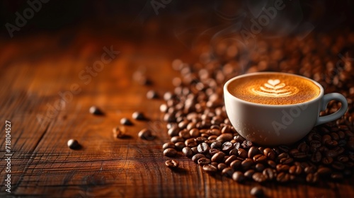 Coffee day, white cup of fresh hot coffee with steam and grains on a wooden table banner with copy space