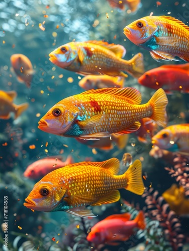 A vibrant school of orange fish glides gracefully through the tranquil waters, showcasing the intricate beauty and diversity of marine life in a breathtaking display of color and movement © Pinklife