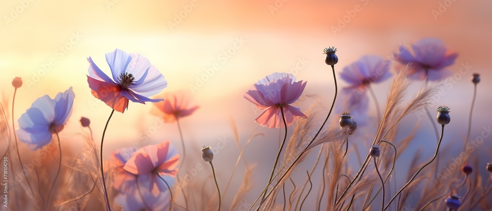 An illustration of various kinds of beautiful blooming flowers with a blurry background An illustration of various kinds of beautiful blooming flowers with a blurry background