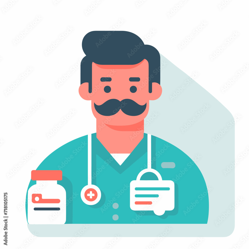 The doctor is in the hospital in a dressing gown, surrounded by pills, medicines and medical devices. Flat vector illustration The doctor is in the hospital in a dressing gown, surrounded by pills, medicines and medical devices. Flat vector illustration