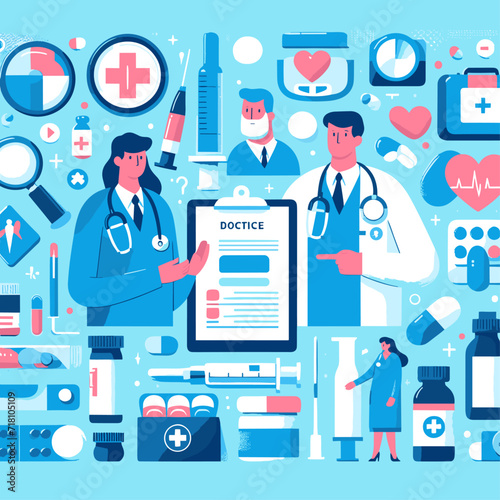 A flat illustration. A woman and a man are doctors surrounded by medical symbols, medicines and medical devices.