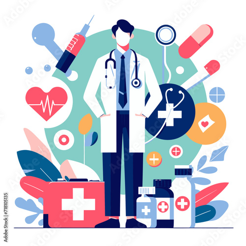 A flat poster. A male doctor surrounded by medical symbols, medicines and medical devices.