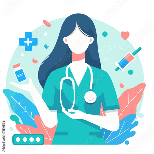 A flat illustration. A female doctor surrounded by medical symbols, medicines and medical devices.