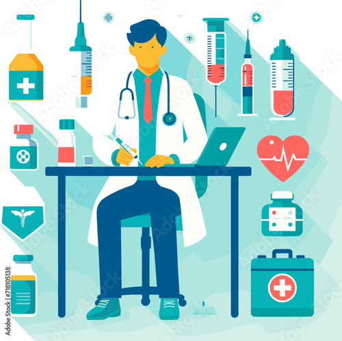 A flat poster. A male doctor surrounded by medical symbols, medicines and medical devices.