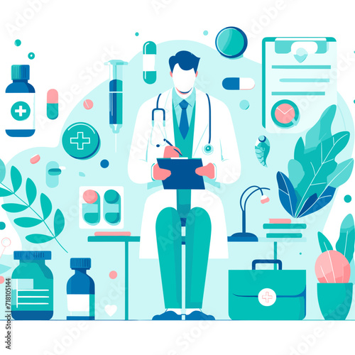 A flat poster. A male doctor surrounded by medical symbols, medicines and medical devices.