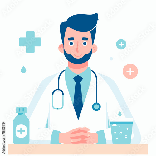 A flat poster. A male doctor surrounded by medical symbols, medicines and medical devices.