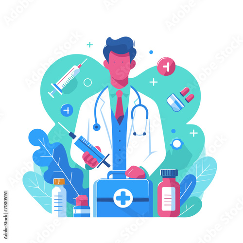 A flat poster. A male doctor surrounded by medical symbols, medicines and medical devices.