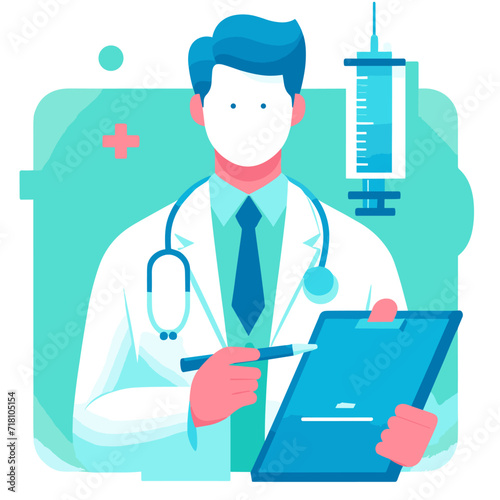A flat poster. A male doctor surrounded by medical symbols, medicines and medical devices.