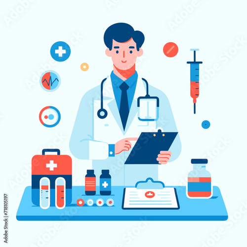 The doctor is in the hospital in a dressing gown, surrounded by pills, medicines and medical devices. Flat vector illustration