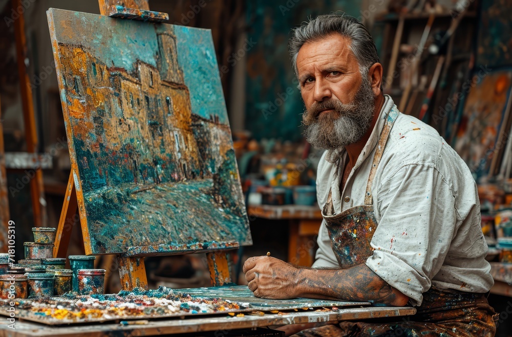 A skilled man, clad in colorful clothing, passionately creates a masterpiece on canvas, showcasing his artistic talent and dedication to the indoor world of art