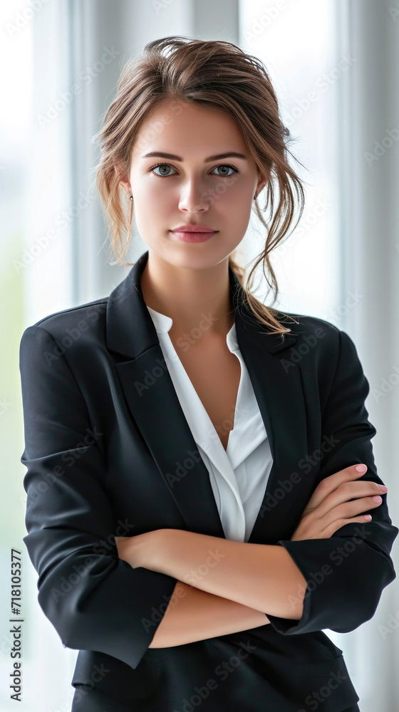 A captivating photo portrait: A smart businesswoman with crossed hands on blurred light background, exuding confidence, emphasizing professionalism and a dynamic presence. A captivating photo portrait: A smart businesswoman with crossed hands on blurred light background, exuding confidence, emphasizing professionalism and a dynamic presence.