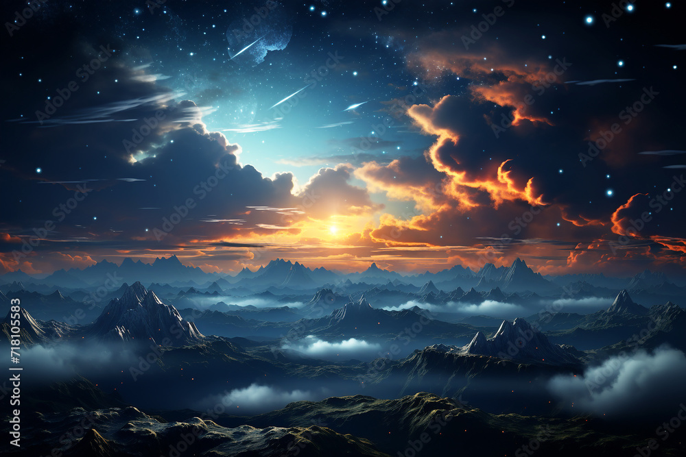 Fantasy beautiful moon with clouds and stars at night