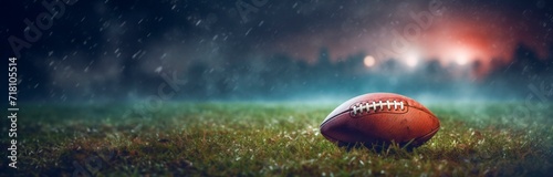 american football ball on the grass with blurred stadium lights in the background, horizontal wallpaper or banner, large copy space for text. sport, show and big game concept 